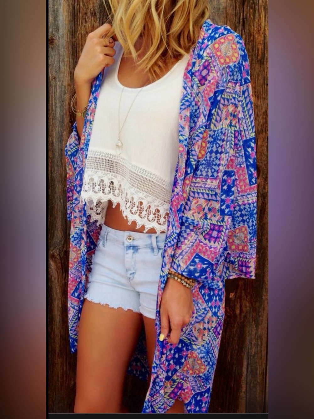 Honey Punch Boho Chiffon Kimono Cover-Up – Blue/Pink Patchwork Print